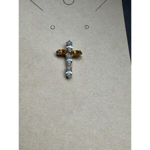 Gold Tone Cross With Amber And CZ Lapel Pin